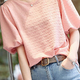 Round neck puff sleeve textured T-shirt