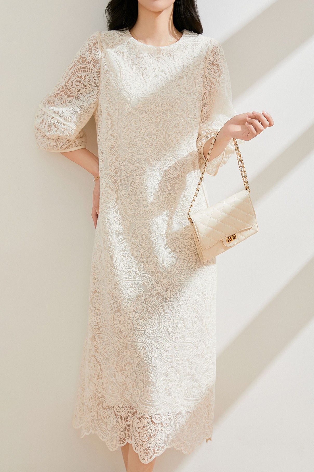 Hollow lace round neck loose casual mid-length sleeve dress Hollow lace round neck loose casual mid-length sleeve dress