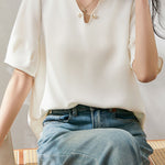 Solid color V-neck pearl shirt - liwisi