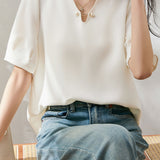 Solid color V-neck pearl shirt - liwisi