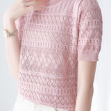 Round neck short sleeve hollow thin knit top