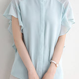 Round neck solid color ruffled shirt