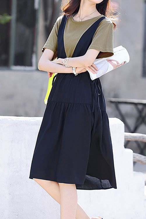 Casual color-blocked faux two-piece A-line dress - liwisi