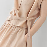 Linen button-up irregular design short sleeve shirt with A-line long skirt set