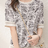 Ink wash printed drop shoulder spliced T-shirt