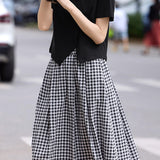 Side-slit short sleeve T-shirt with A-line plaid skirt set