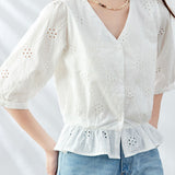 V-neck short sleeve embroidered cotton shirt