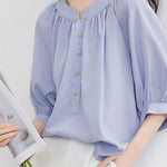 Casual gathered raglan lantern sleeve shirt - liwisi