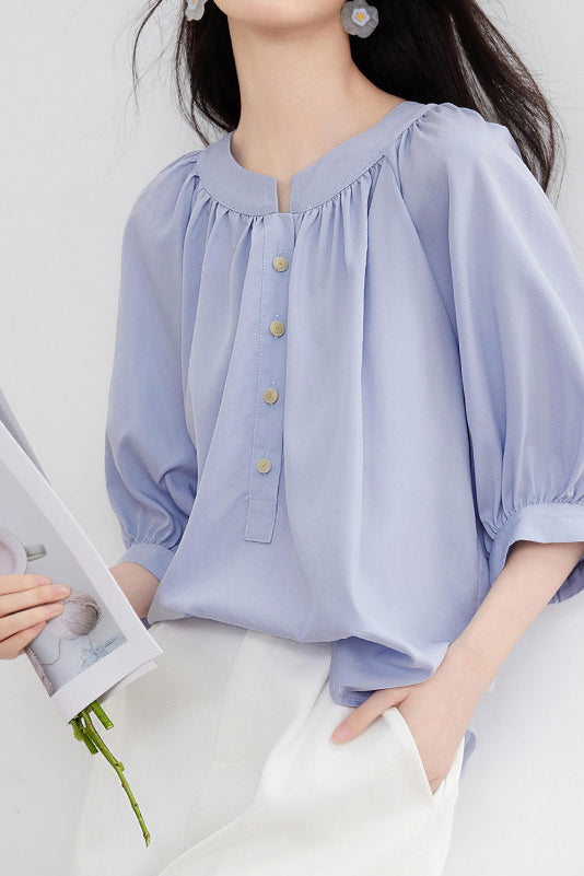 Casual gathered raglan lantern sleeve shirt - liwisi