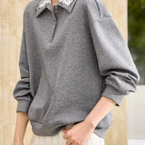 Casual Hollow Lace Lapel Long Sleeve Sweatshirt
