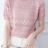 Round neck short sleeve hollow thin knit top