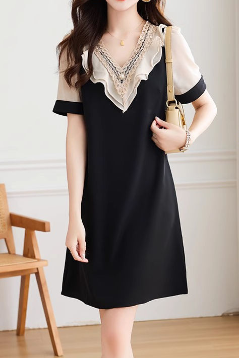 Elegant patchwork short sleeve dress - liwisi
