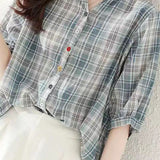 Round stand collar button-up short sleeve loose casual shirt with drawstring hem