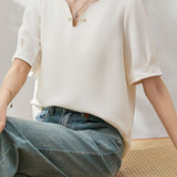 Solid color V-neck pearl shirt - liwisi
