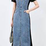 Spliced faux two-piece denim dress