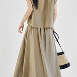Linen button-up irregular design short sleeve shirt with A-line long skirt set