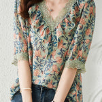 V-neck floral print short sleeve shirt - liwisi