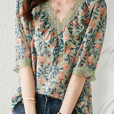 V-neck floral print short sleeve shirt - liwisi