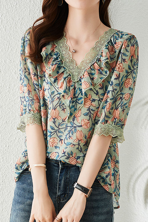 V-neck floral print short sleeve shirt - liwisi