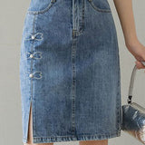 Embroidered beaded high-waisted slit denim skirt