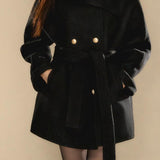 Casual Scarf Collar Gold Button Double-Faced Woolen Coat