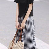 Side-slit short sleeve T-shirt with A-line plaid skirt set