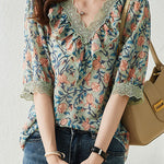 V-neck floral print short sleeve shirt - liwisi
