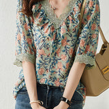 V-neck floral print short sleeve shirt - liwisi