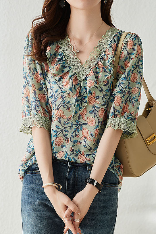 V-neck floral print short sleeve shirt - liwisi