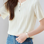 Textured round neck short sleeve T-shirt with decorative buttons - liwisi