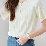 Textured round neck short sleeve T-shirt with decorative buttons - liwisi