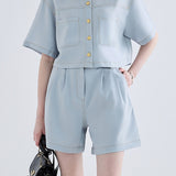Lace collared short sleeve shorts set