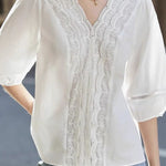 V-neck lace white shirt - liwisi