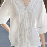 V-neck lace white shirt - liwisi