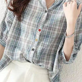 Round stand collar button-up short sleeve loose casual shirt with drawstring hem