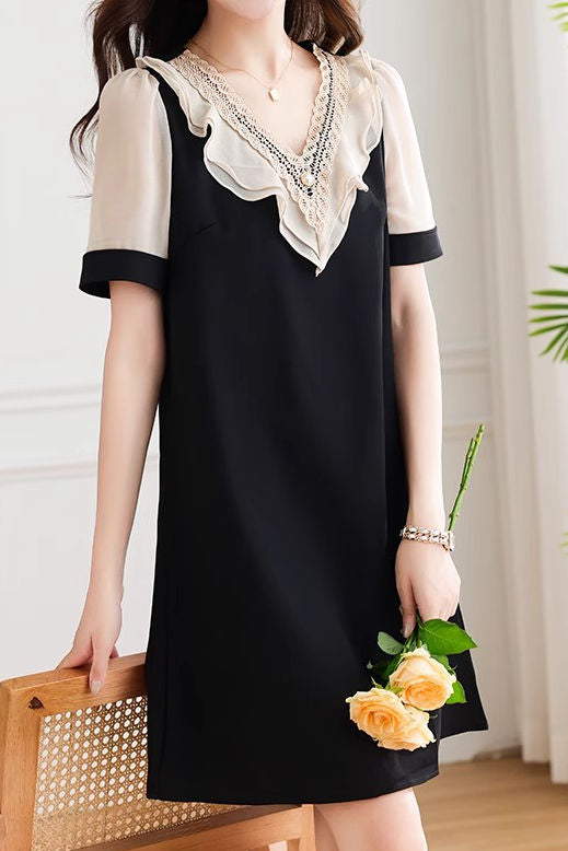 Elegant patchwork short sleeve dress - liwisi