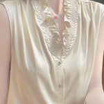 Ruffle-edged V-neck faux button sleeveless shirt - liwisi