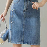 Embroidered beaded high-waisted slit denim skirt