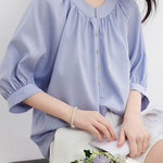 Casual gathered raglan lantern sleeve shirt - liwisi
