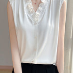 Ruffle-edged V-neck faux button sleeveless shirt - liwisi