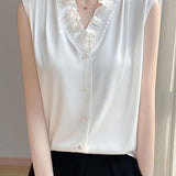 Ruffle-edged V-neck faux button sleeveless shirt - liwisi