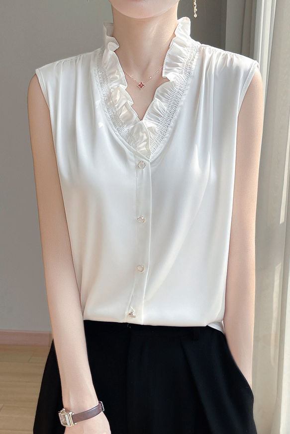 Ruffle-edged V-neck faux button sleeveless shirt - liwisi