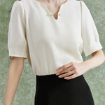 Solid color V-neck pearl shirt - liwisi