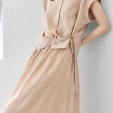 Linen button-up irregular design short sleeve shirt with A-line long skirt set