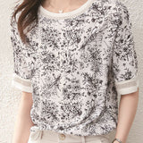 Ink wash printed drop shoulder spliced T-shirt