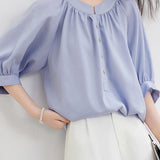 Casual gathered raglan lantern sleeve shirt - liwisi