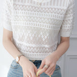 Round neck short sleeve hollow thin knit top