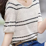 Lace round neck jacquard knitted T-shirt
