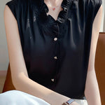 Ruffle-edged V-neck faux button sleeveless shirt - liwisi