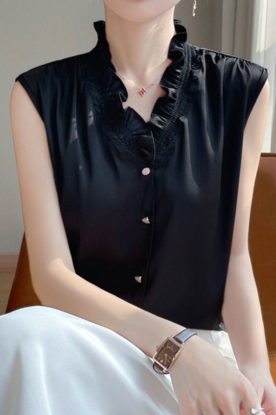 Ruffle-edged V-neck faux button sleeveless shirt - liwisi
